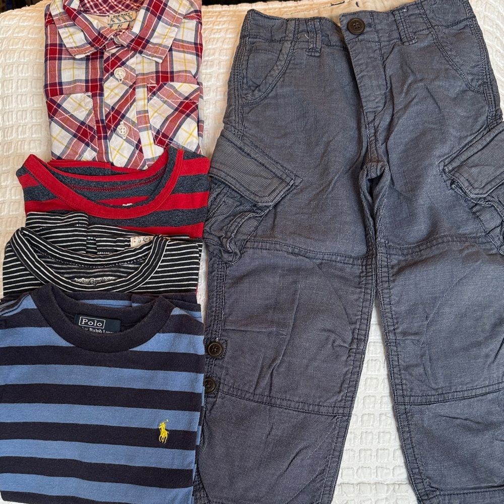Size 3T bundle: 4 shirts (Polo Ralph Lauren, Gap, Old Navy) with navy Gap pants